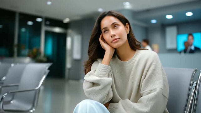 Soft realistic tone &mdash; woman realizing she needs vision correction, neutral tones and clean modern clinic design, with copy space.