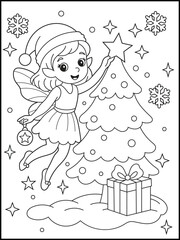 Flying Christmas Fairy with Santa Hat Decorating Tree with Star. Whimsical Black and White Line Art for Kids Holiday Coloring Pages and Fantasy-Themed Festive Activities