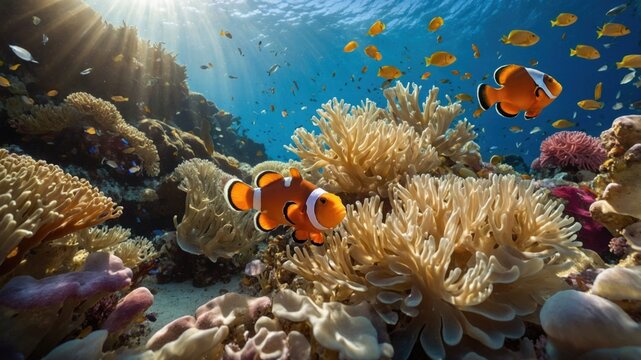 Vibrant underwater scene showcasing clownfish swimming among colorful coral reefs with sunlight filtering through