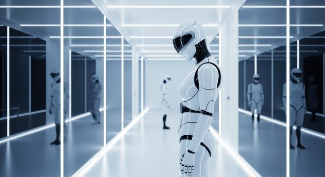 Futuristic robots in a sleek, illuminated corridor exploring advanced technology and design
