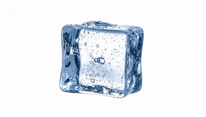 Obraz premium Clear melting ice cube with water droplets and bubbles on white background, isolated, close-up. Refreshing cold drink ingredient.