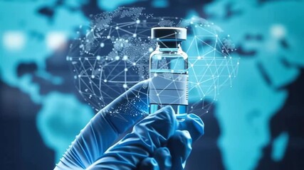 Gloved hand holds vial against digital map, showcasing technology in global health and vaccination efforts for healthier future - Powered by Adobe