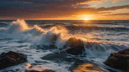 Serene Sunset Over Ocean Waves Crashing on Rocky Shoreline with Dramatic Cloudy Sky