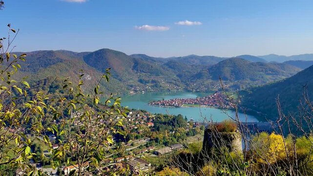 View of hills and the Drina River on an autumn day from Zvornik Fortress