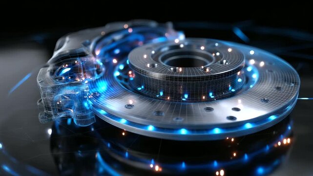 Glowing 3D blueprint of automotive brake system, precise wireframe lines highlighting disc and drum components, luminous blue accents on dark background, with copy space.