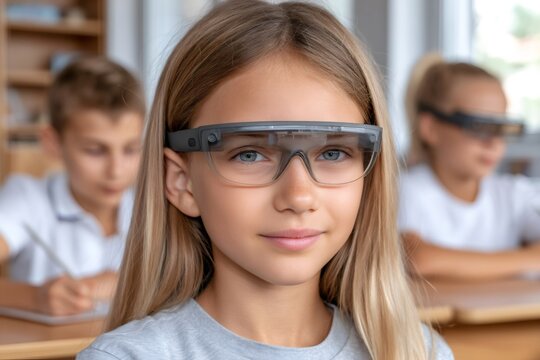 Student girl wearing augmented reality glasses in classroom
