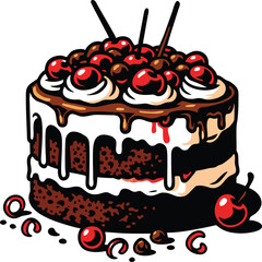 Delicious chocolate cake topped with whipped cream and fresh red cherries