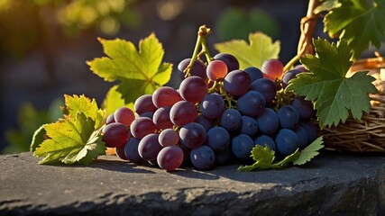 Freshly harvested grapes resting on a stone surface with green leaves and a woven basket in sunlight