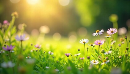 Sun-Drenched Meadow in Full Bloom A Tranquil Scene of Wildflowers, Perfect for Relaxation and Wellness Projects