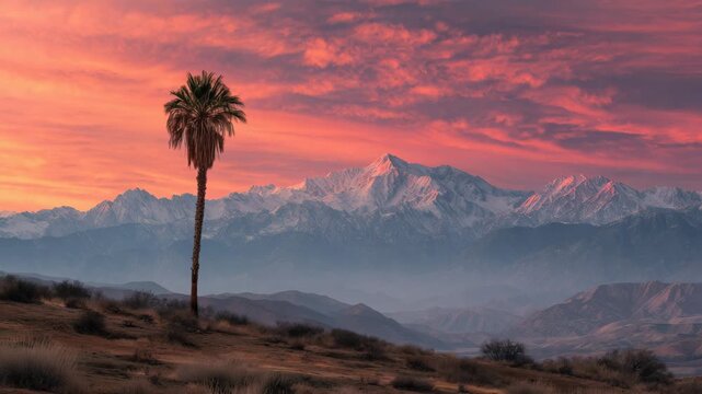 Desert Landscape With A Lone Palm Tree At Sunset Over Distant Snow-Capped Mountains, Warm Pink And Orange Sky With Misty Haze, Expansive Wide-Angle View, Quiet Dramatic Horizon And Atmospheric