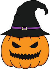 Cute halloween clipart pumpkin wearing witch hat with mischievous grin and spooky mood perfect for autumn party decor
