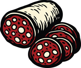 Tasty sliced salami sausage with rich red color and white fat texture