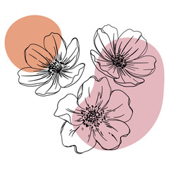Minimalist Boho Flowers Vector Set. Nude Pink Sketch Art