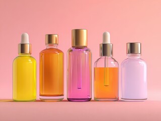 Naklejka premium Collection of Colorful Cosmetic Dropper Bottles and Pump Bottle with Gold Caps on Soft Pink Background for Skincare Serums and Essential Oils Product Photography
