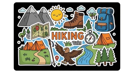 Hiking adventure with mountains, tents, and nature elements in a vibrant and colorful design for outdoor enthusiasts