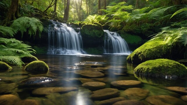Serene forest waterfall cascading over moss-covered rocks with sunlight filtering through trees