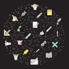 Simple Set of Pen and Pencil Related Vector Line Illustration. Contains such Icons as quill pen, marker pen, stationery, writing, literature, pen nib symbols And Other Elements.