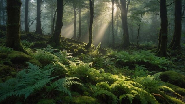 Serene forest landscape with sunlight filtering through trees, illuminating lush ferns and moss