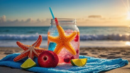 Refreshing summer beverage with starfish and fruit on beach towel, ocean waves in background