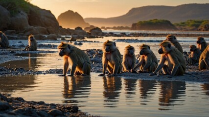 Group of baboons sitting by a river at sunset, reflecting on the water with mountains in the background