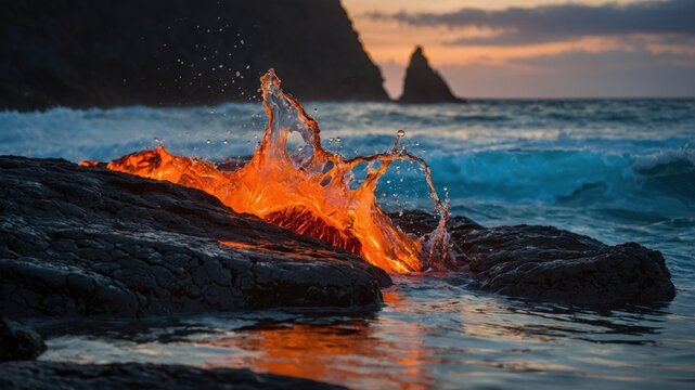 Majestic lava splashes against rocky shore at sunset, illuminating ocean waves and distant cliffs
