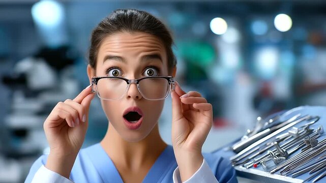 Eye care advertisement &mdash; woman surprised while holding her glasses, ophthalmic tools in background softly blurred, with copy space.