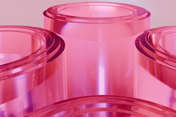 Abstract composition of multiple glossy, transparent pink cylinders, highlighting their smooth surfaces, internal reflections, and radiant, delicate glow