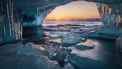 Stunning view of an icy cave with hanging icicles at sunset, reflecting light on frozen water