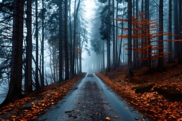 Obraz premium Forest path in autumn fog with vibrant tree