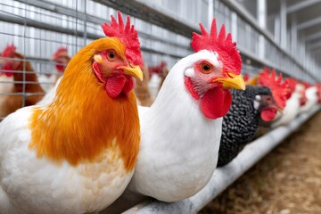 Fototapeta premium Chickens standing in line on a poultry farm