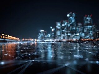 Abstract Digital Network Pattern on a Reflective Ground with a Bokeh Effect City Skyline at Night Internet of Things in Urban Environment