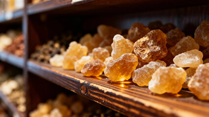 Close-up of amber-colored resin pieces displayed on wooden shelves in a market setting