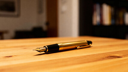 A golden fountain pen rests on a wooden table in a softly lit indoor setting.