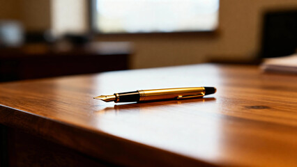 A gold fountain pen resting on a wooden desk in a softly lit room