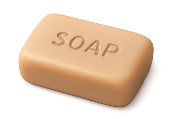 Solid bar of soap displaying soap text, representing essential hygiene, washing, and skincare routines. Transparent background