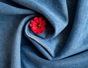 Close-up of blue denim fabric draped in a spiral, featuring a vibrant red flower at the center