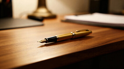 A gold fountain pen resting on a wooden desk with papers and a lamp in the background