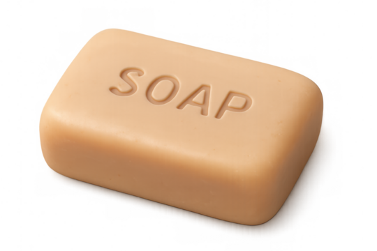 Solid bar of soap displaying soap text, representing essential hygiene, washing, and skincare routines. Transparent background - Powered by Adobe