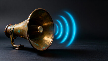 Vintage brass megaphone with blue sound waves emanating from its opening against a dark background