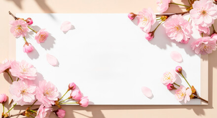 Pink cherry blossom flowers framing a blank card on pastel background  