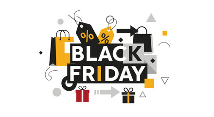 Black Friday sale banner with shopping icons discount tags and gifts Retail concept