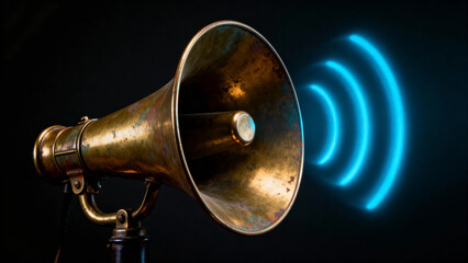Vintage brass megaphone emitting blue sound waves against a dark background