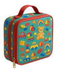 Zippered organizer with a handle for storing kids' toys in a playroom.