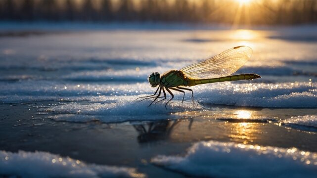 Dragonfly perched on icy surface at sunset, showcasing nature's beauty and winter tranquility