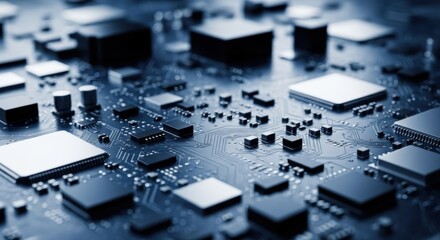 Close view of a circuit board with microchips and electronic components in a dark setting
