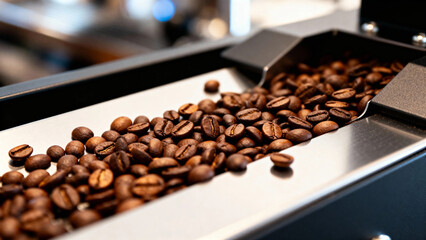 Roasted coffee beans moving along a conveyor belt in a processing machine