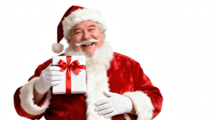 Santa Claus holding a gift box with a red ribbon. transparent background