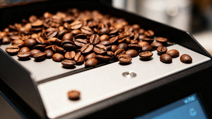 Roasted coffee beans on a digital scale in a close-up view