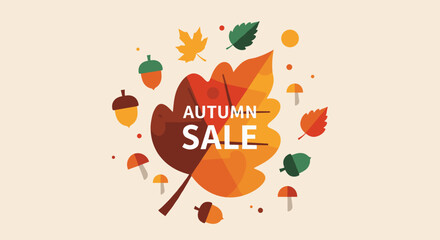Flat design illustration banner for Autumn Sale featuring stylized leaves and acorns