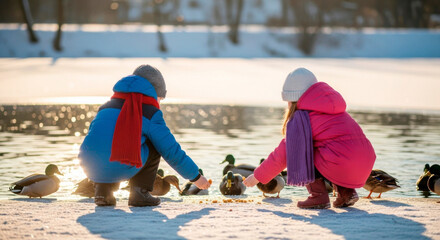 Two children feeding ducks by the frozen lake in winter  